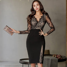 Lade das Bild in den Galerie-Viewer, H Han Queen Women Elegant Sexy Patchwork Lace Vestidos 2020 Spring Sexy Bodycon Pencil Dress Casual V-neck Slim Sheath Dresses