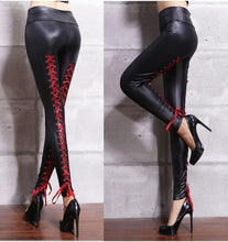 Lade das Bild in den Galerie-Viewer, Women Sexy Wetlook Faux Leather Lingerie Exotic Lace up Pants PU leggins Latex Catsuit PVC Clubwear costume Lady fetish trousers
