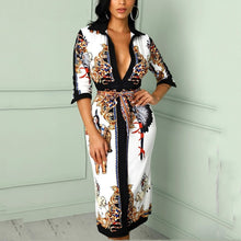 Lade das Bild in den Galerie-Viewer, 2020 Vintage Women V Neck Scarf Print Belted Wrap Casual Dress Half Sleeve Party Midii Dress Vacation Ladies Dresses
