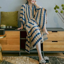 Lade das Bild in den Galerie-Viewer, 2020 New Fashion Women Stripes Long shirt Dress ladies Loose V-neck lantern sleeve single-breasted Pleated Patchwork Midi Dress

