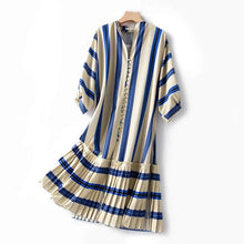 Lade das Bild in den Galerie-Viewer, 2020 New Fashion Women Stripes Long shirt Dress ladies Loose V-neck lantern sleeve single-breasted Pleated Patchwork Midi Dress
